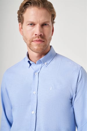 Mavi Düğmeli Yaka Oxford Slim Fit Pamuklu Gömlek 1004265124