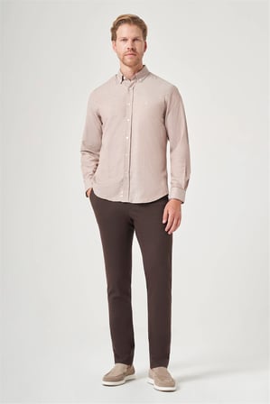 Bej-Beyaz Düğmeli Yaka Oxford Slim Fit Pamuklu Gömlek 1004265124