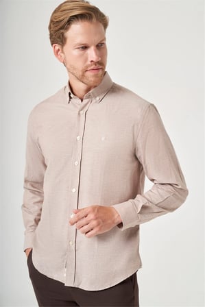 Bej-Beyaz Düğmeli Yaka Oxford Slim Fit Pamuklu Gömlek 1004265124