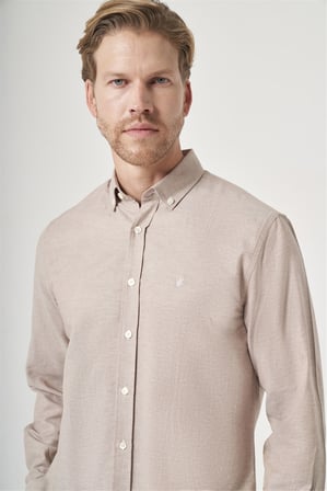 Bej-Beyaz Düğmeli Yaka Oxford Slim Fit Pamuklu Gömlek 1004265124
