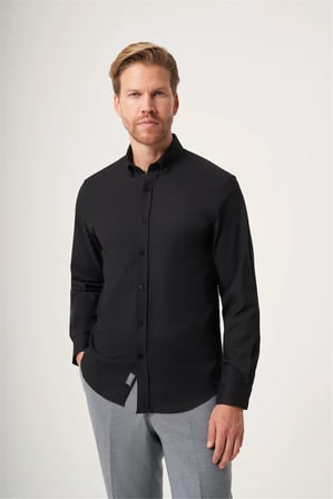 Siyah Düğmeli Yaka Oxford Slim Fit Pamuklu Gömlek 1004265125