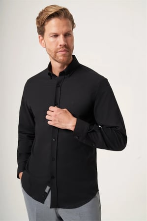 Siyah Düğmeli Yaka Oxford Slim Fit Pamuklu Gömlek 1004265125