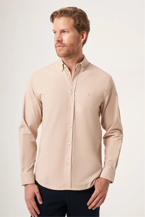 Bej Düğmeli Yaka Oxford Slim Fit Pamuklu Gömlek 1004265125