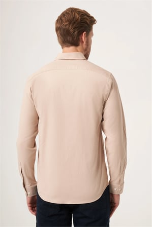 Bej Düğmeli Yaka Oxford Slim Fit Pamuklu Gömlek 1004265125