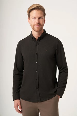 Kahverengi Düğmeli Yaka Dokulu Örme Slim Fit Esnek Gömlek 1004265171