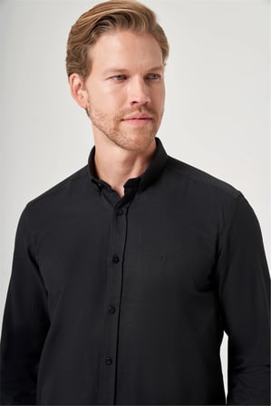 Siyah Düğmeli Yaka Oxford Slim Fit Pamuklu Gömlek 1004265284