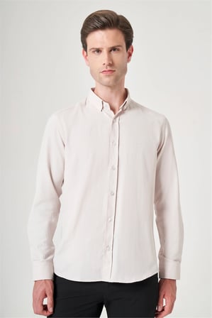 Bej Düğmeli Yaka Oxford Slim Fit Pamuklu Gömlek 1004265284