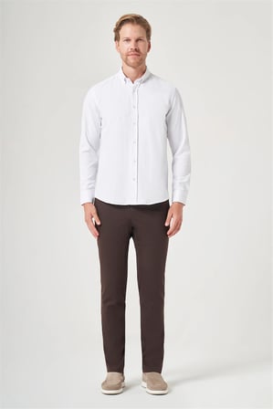 Beyaz Düğmeli Yaka Oxford Slim Fit Pamuklu Gömlek 1004265284