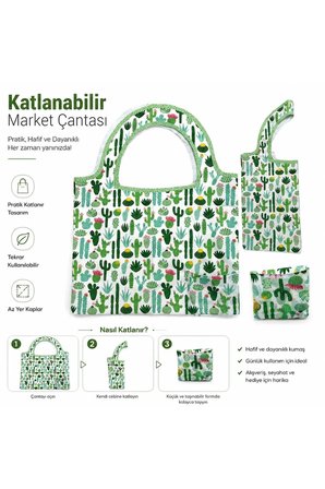 Tarzını Seç Katlanabilir Cepli Bez Market Çantası 44x48 cm – Kaktüs Desenli Alışveriş Çantası