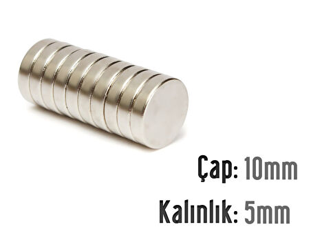 Neodyum Mıknatıs Silindir Çap 10mm , Kalınlık 5mm   ( 10 Adet)
