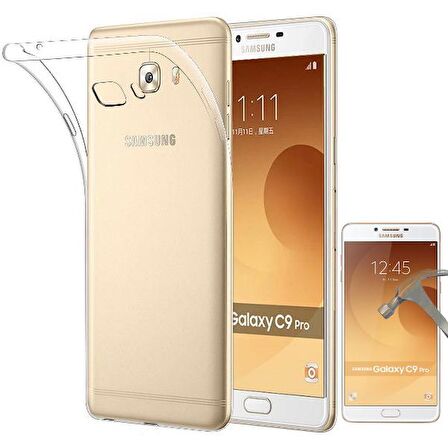 Smcase Samsung Galaxy C9 Pro Darbe Emicili Silikon Kılıf  Cam Ekran Koruyucu