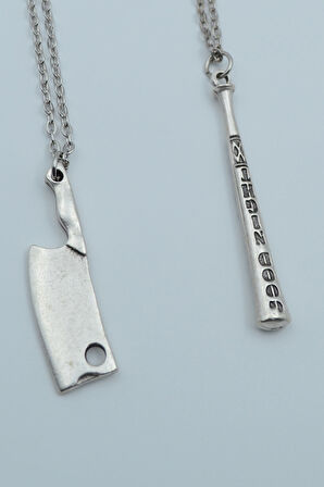 2'li Beyzbol Sopası Satır Gümüş Kaplama Kolye Seti