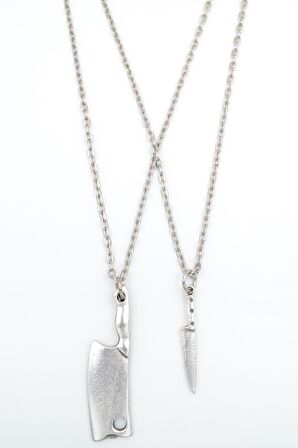 2'li Gastronomi Temalı Bıçak - Satır Erkek Kadın Kolye Seti 925 Ayar Gümüş Kaplama