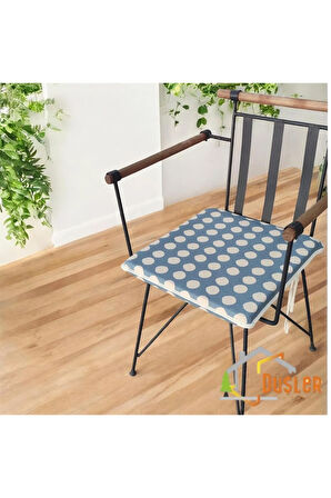 40x40 Krem Puantiyeli Mavi Su ve Leke İtici Fermuarlı Bağcıklı Krem Biyeli Sandalye Minderi 4 cm