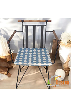 40x40 Krem Puantiyeli Mavi Su ve Leke İtici Fermuarlı Bağcıklı Krem Biyeli Sandalye Minderi 4 cm