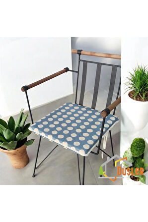 40x40 Krem Puantiyeli Mavi Su ve Leke İtici Fermuarlı Bağcıklı Krem Biyeli Sandalye Minderi 4 cm