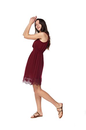 Şile Bezi Bordo Askılı Mini Elbise