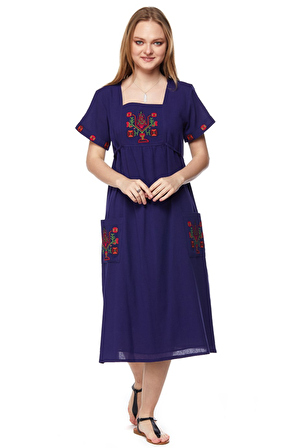 Şile Bezi Mor Kısa Kollu Nakışlı Elbise