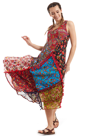 Şile Bezi Kırmızı Patchwork Elbise