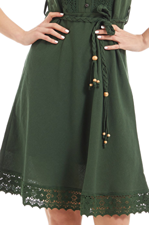 Şile Bezi Yeşil Askılı Kemerli Elbise