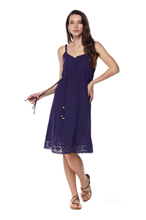 Şile Bezi Mor Askılı Kemerli Elbise