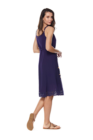 Şile Bezi Mor Askılı Kemerli Elbise