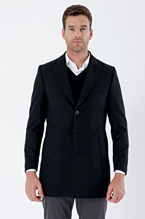 Siyah Kaşe Kırlangıç Yaka Yırtmaçlı Comfort Fit Rahat Kesim Klasik Palto 1005235257