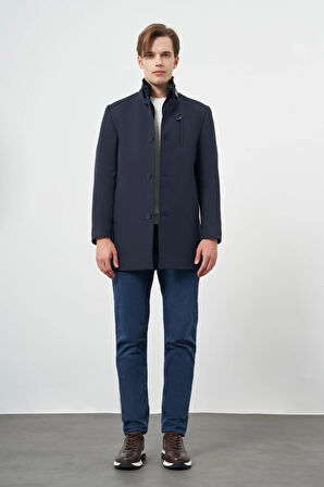 Koyu Lacivert Kaşe Kürklü Yaka Düz Tek Yırtmaç Tam Kapitone Astar Slim Fit Classic Palto 1005245102