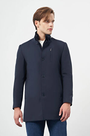 Koyu Lacivert Kaşe Kürklü Yaka Düz Tek Yırtmaç Tam Kapitone Astar Slim Fit Classic Palto 1005245102
