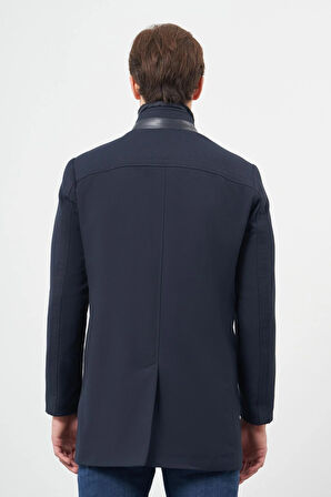 Koyu Lacivert Kaşe Kürklü Yaka Düz Tek Yırtmaç Tam Kapitone Astar Slim Fit Classic Palto 1005245102