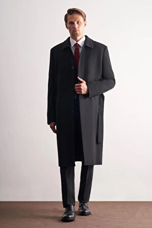 Siyah 115 Cm Kaşe Polo Yaka Düz Esnek Garnisiz-Biyesiz Comfort Fit Palto 1005245150