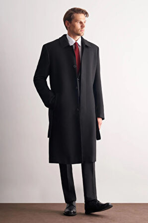 Siyah 115 Cm Kaşe Polo Yaka Düz Esnek Garnisiz-Biyesiz Comfort Fit Palto 1005245150