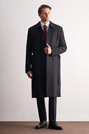 Siyah 115 Cm Kaşe Polo Yaka Düz Esnek Garnisiz-Biyesiz Comfort Fit Palto 1005245150