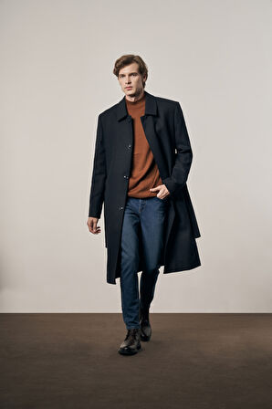 Koyu Lacivert 115 Cm Kaşe Polo Yaka Düz Esnek Garnisiz-Biyesiz Comfort Fit Palto 1005245150