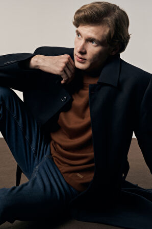 Koyu Lacivert 115 Cm Kaşe Polo Yaka Düz Esnek Garnisiz-Biyesiz Comfort Fit Palto 1005245150