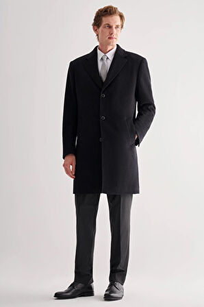 Siyah Mono Yaka Palto Tam Astar Classic Comfort Fit Yünlü Kaşe Palto 1005255151