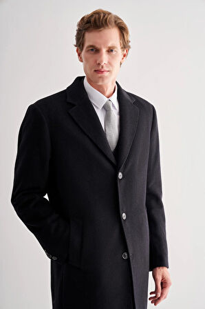 Siyah Mono Yaka Palto Tam Astar Classic Comfort Fit Yünlü Kaşe Palto 1005255151