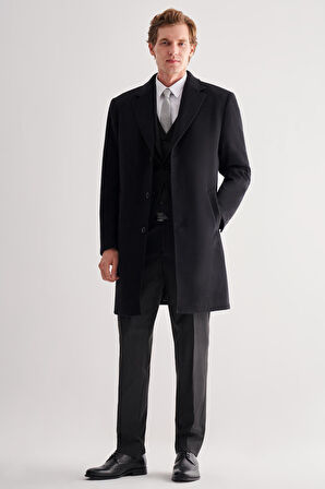 Siyah Mono Yaka Palto Tam Astar Classic Comfort Fit Yünlü Kaşe Palto 1005255151