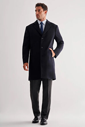 Koyu Lacivert Mono Yaka Palto Tam Astar Classic Comfort Fit Yünlü Kaşe Palto 1005255151