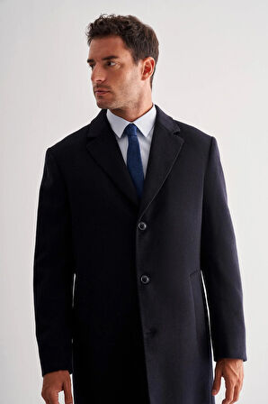 Koyu Lacivert Mono Yaka Palto Tam Astar Classic Comfort Fit Yünlü Kaşe Palto 1005255151