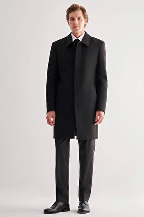 Siyah Berberi Yaka Tam Astar Classic Comfort Fit Esnek Kaşe Palto 1005255152