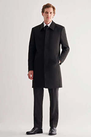 Siyah Berberi Yaka Tam Astar Classic Comfort Fit Esnek Kaşe Palto 1005255152