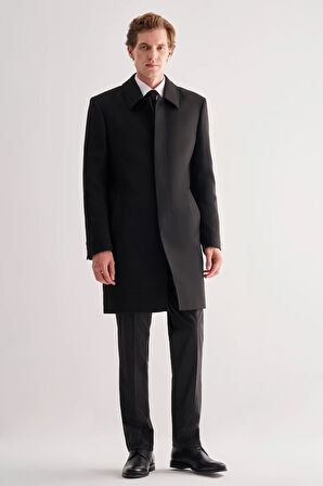 Siyah Berberi Yaka Tam Astar Classic Comfort Fit Esnek Kaşe Palto 1005255152