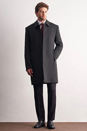 Koyu Antrasit Berberi Yaka Tam Astar Classic Comfort Fit Esnek Kaşe Palto 1005255152