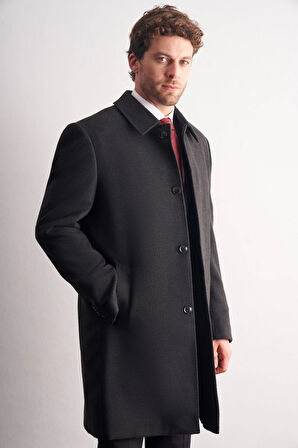 Koyu Antrasit Berberi Yaka Tam Astar Classic Comfort Fit Esnek Kaşe Palto 1005255152