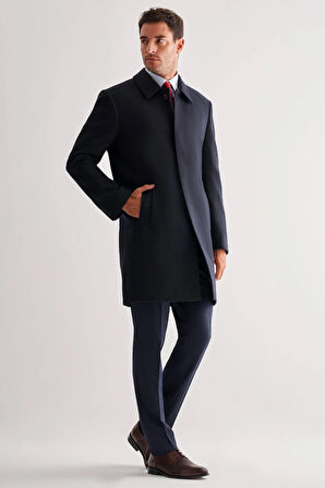 Koyu Lacivert Berberi Yaka Tam Astar Classic Comfort Fit Esnek Kaşe Palto 1005255152