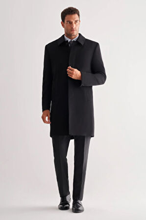 Siyah 110 Cm Kaşe Düz Sırt Kapitoneli Astar Comfort Fit Classic Palto 1005245154