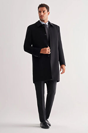 Siyah 110 Cm Kaşe Düz Sırt Kapitoneli Astar Comfort Fit Classic Palto 1005245154