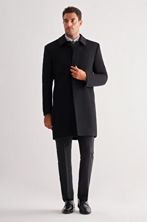 Siyah 110 Cm Kaşe Düz Sırt Kapitoneli Astar Comfort Fit Classic Palto 1005245154