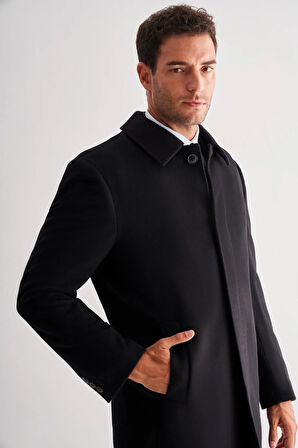 Siyah 110 Cm Kaşe Düz Sırt Kapitoneli Astar Comfort Fit Classic Palto 1005245154